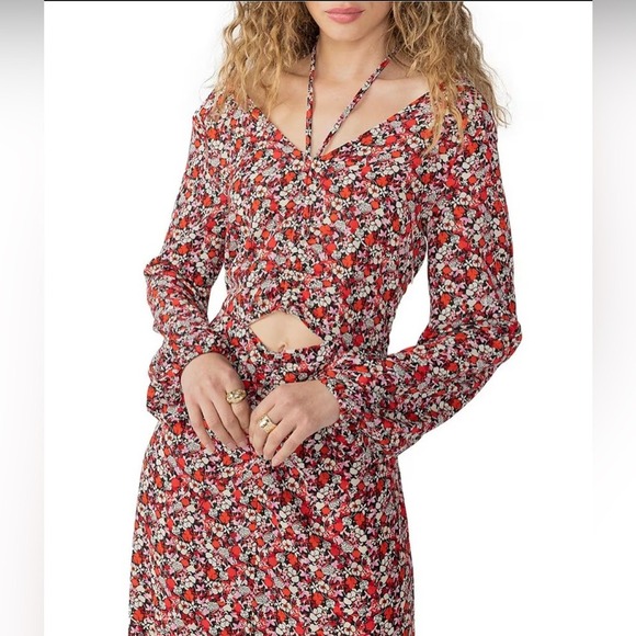 Sanctuary Floral Print Midi Dress Large Red Halter Neck Long Sleeves Cutout Boho - Picture 12 of 12